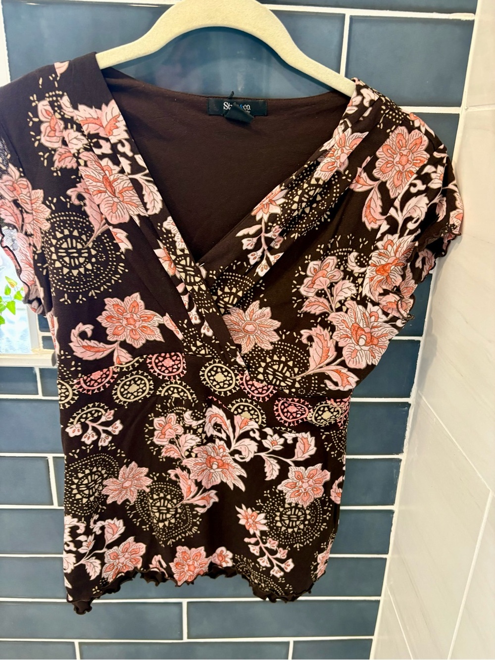 Style & Co. Brown Floral Wrap Top with Pink Accents